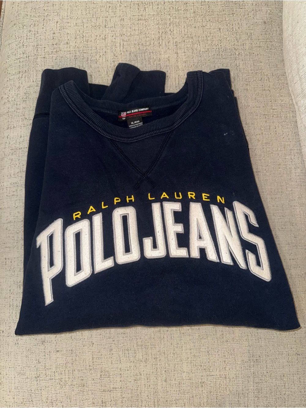 Ralph Lauren Polo Jeans Navy Crewneck Sweatshirt with White and Yellow Logo